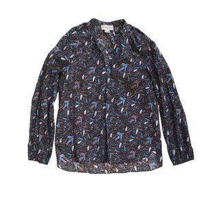 Charlotte Brody Bird Print Blouse Top Shirt Womens Small Black Blue Long Sleeve